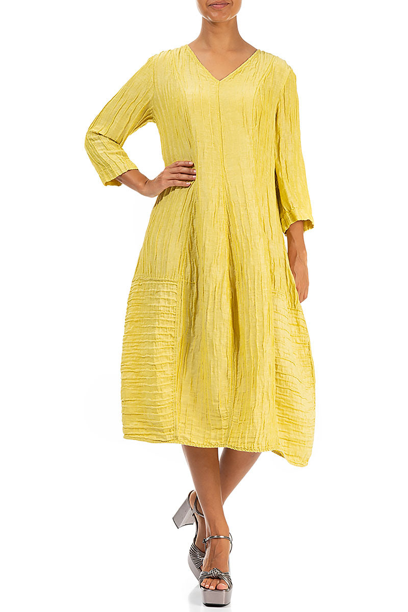 V-Neck Crinkled Cyber Lime Silk Linen Dress 4