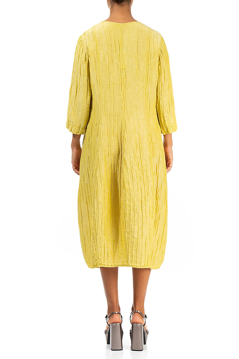 V-Neck Crinkled Cyber Lime Silk Linen Dress 2