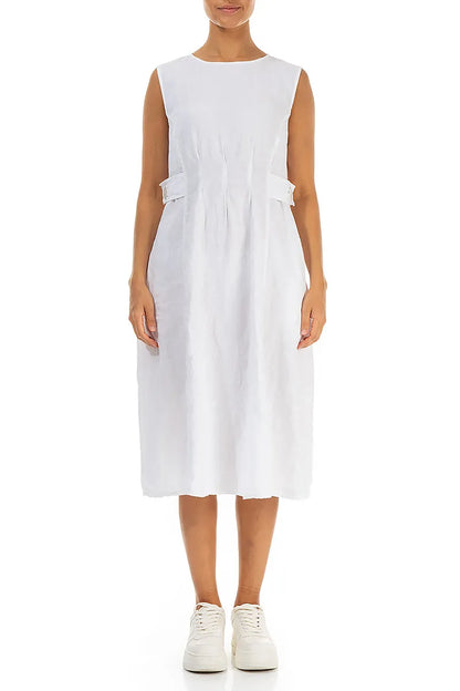 Waist Detail Sleeveless White Linen Dress 1