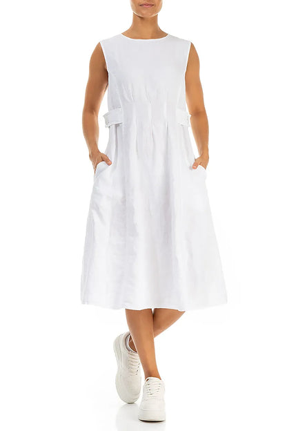 Waist Detail Sleeveless White Linen Dress 3