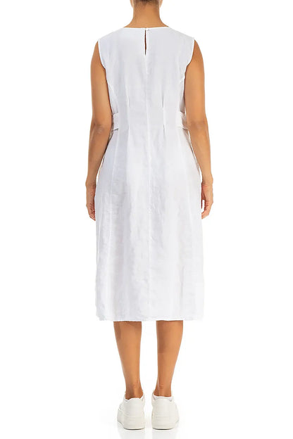 Waist Detail Sleeveless White Linen Dress 2