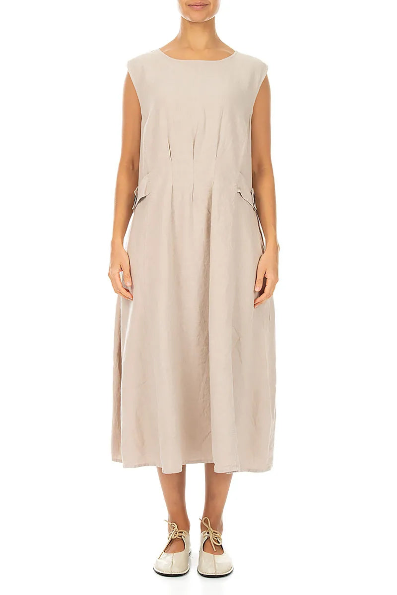 Robe sans manches en lin beige avec détails à la taille