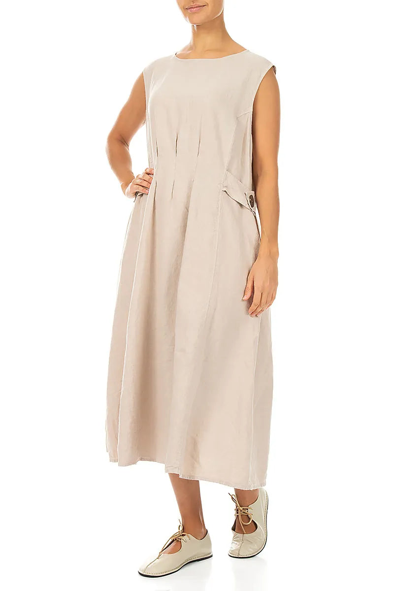 Robe sans manches en lin beige avec détails à la taille