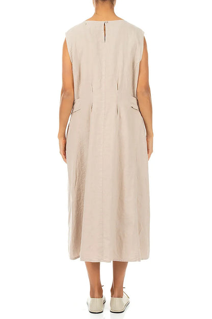 Robe sans manches en lin beige avec détails à la taille