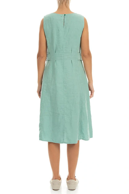 Waist Detail Sleeveless Mint Linen Dress 2