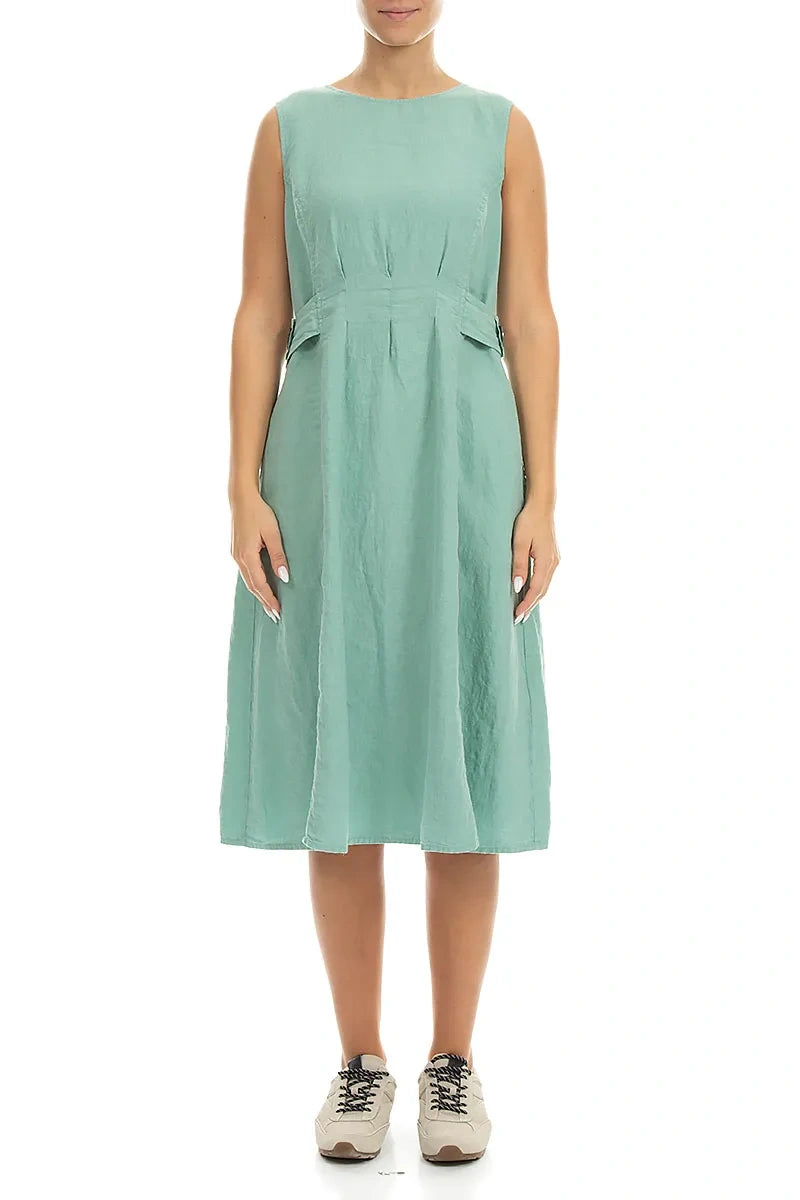 Waist Detail Sleeveless Mint Linen Dress 1