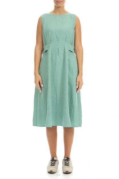 Waist Detail Sleeveless Mint Linen Dress 1