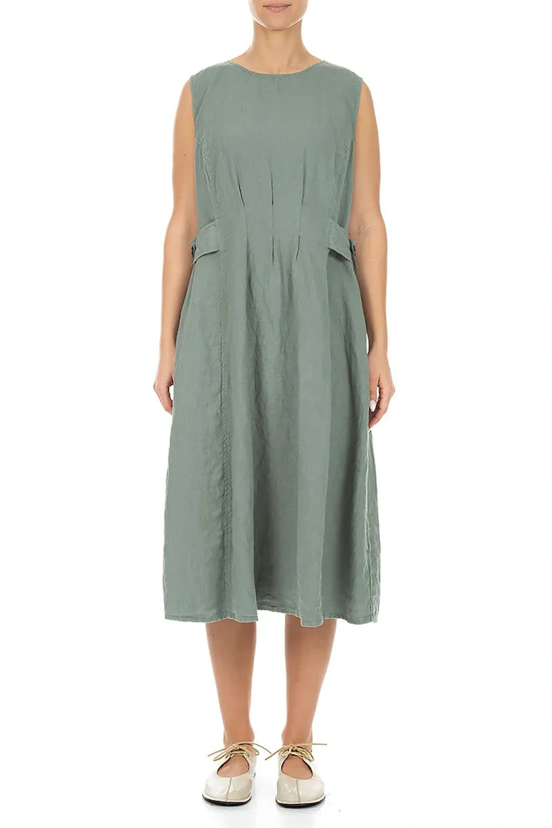 Waist Detail Sleeveless Sage Linen Dress