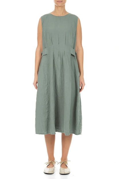 Waist Detail Sleeveless Sage Linen Dress
