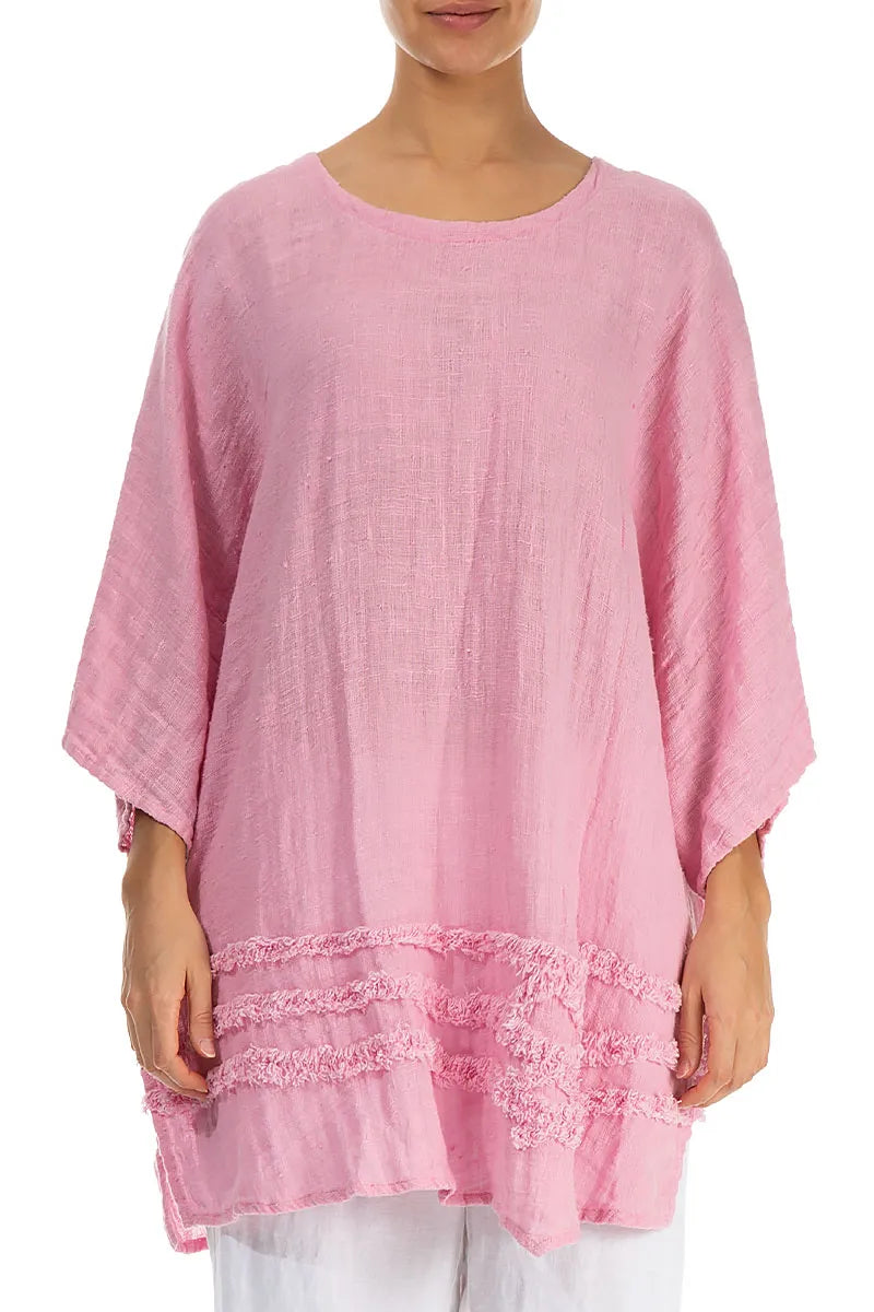 Wavy Line Decorated Taffy Pink Linen Tunic 1