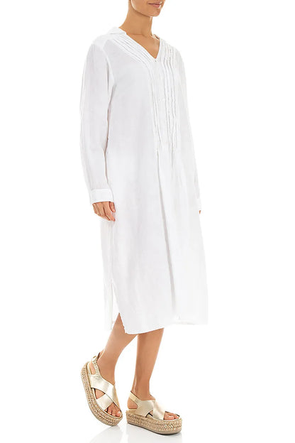 White Pintuck Linen Shirt Dress 3