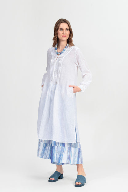 White Pintuck Linen Shirt Dress