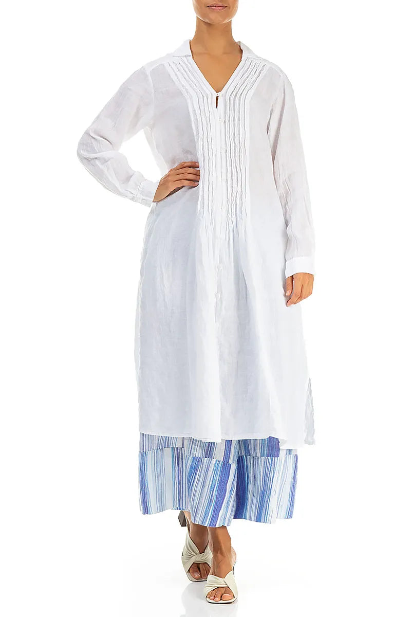 White Pintuck Linen Shirt Dress