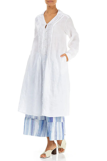 White Pintuck Linen Shirt Dress