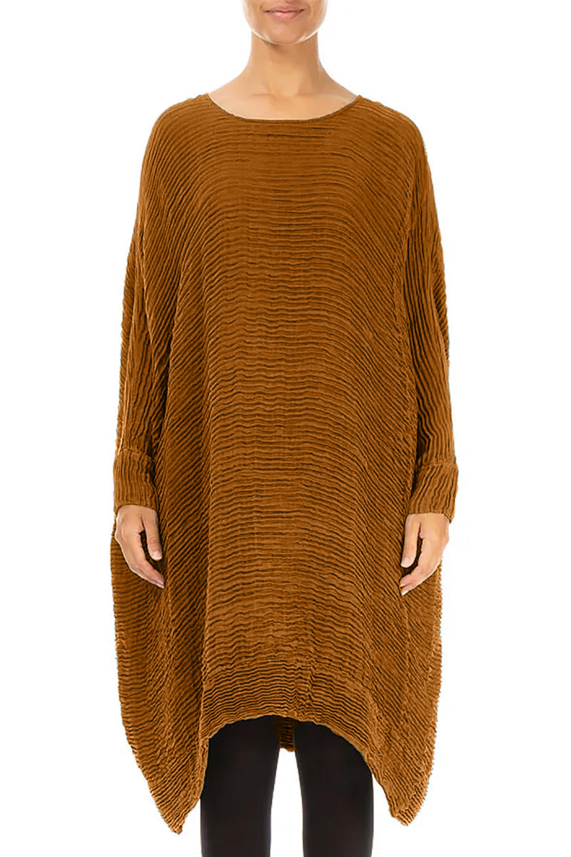Wide Aged Copper Plissé Silk Kaftan Dress 1