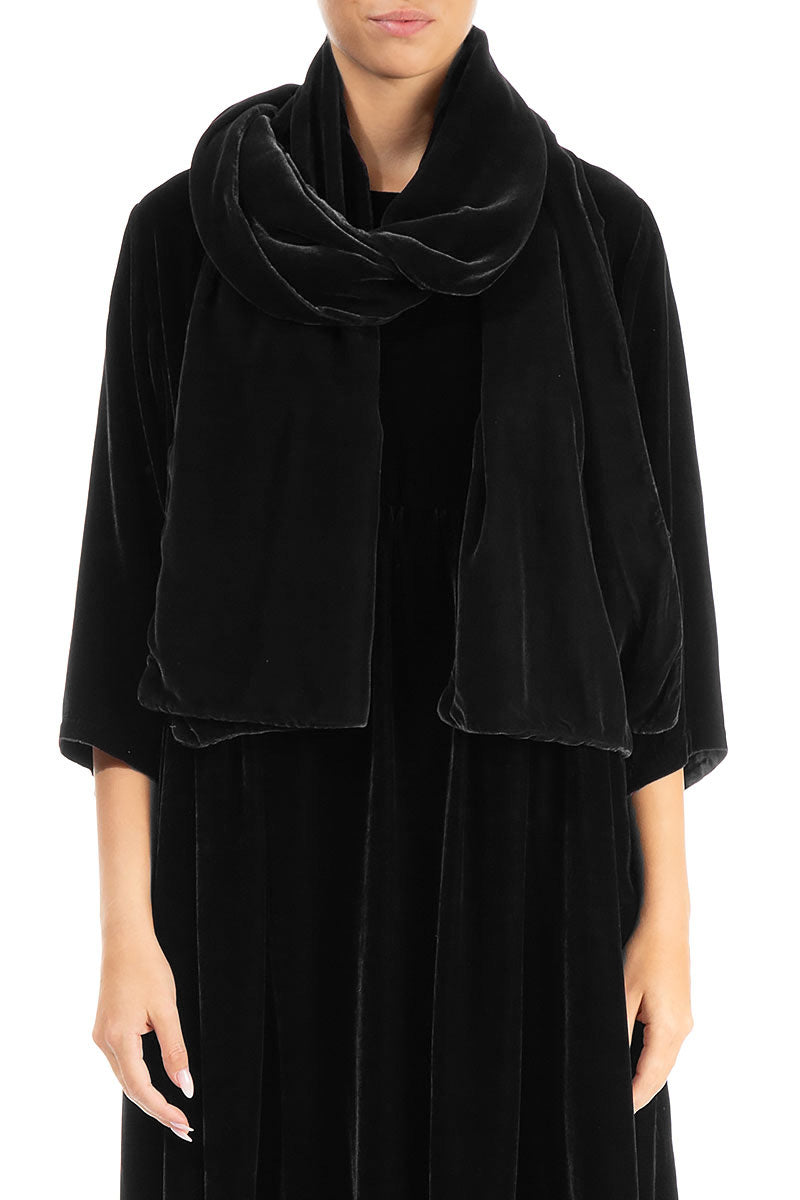 Wide Black Silk Velvet Scarf 1