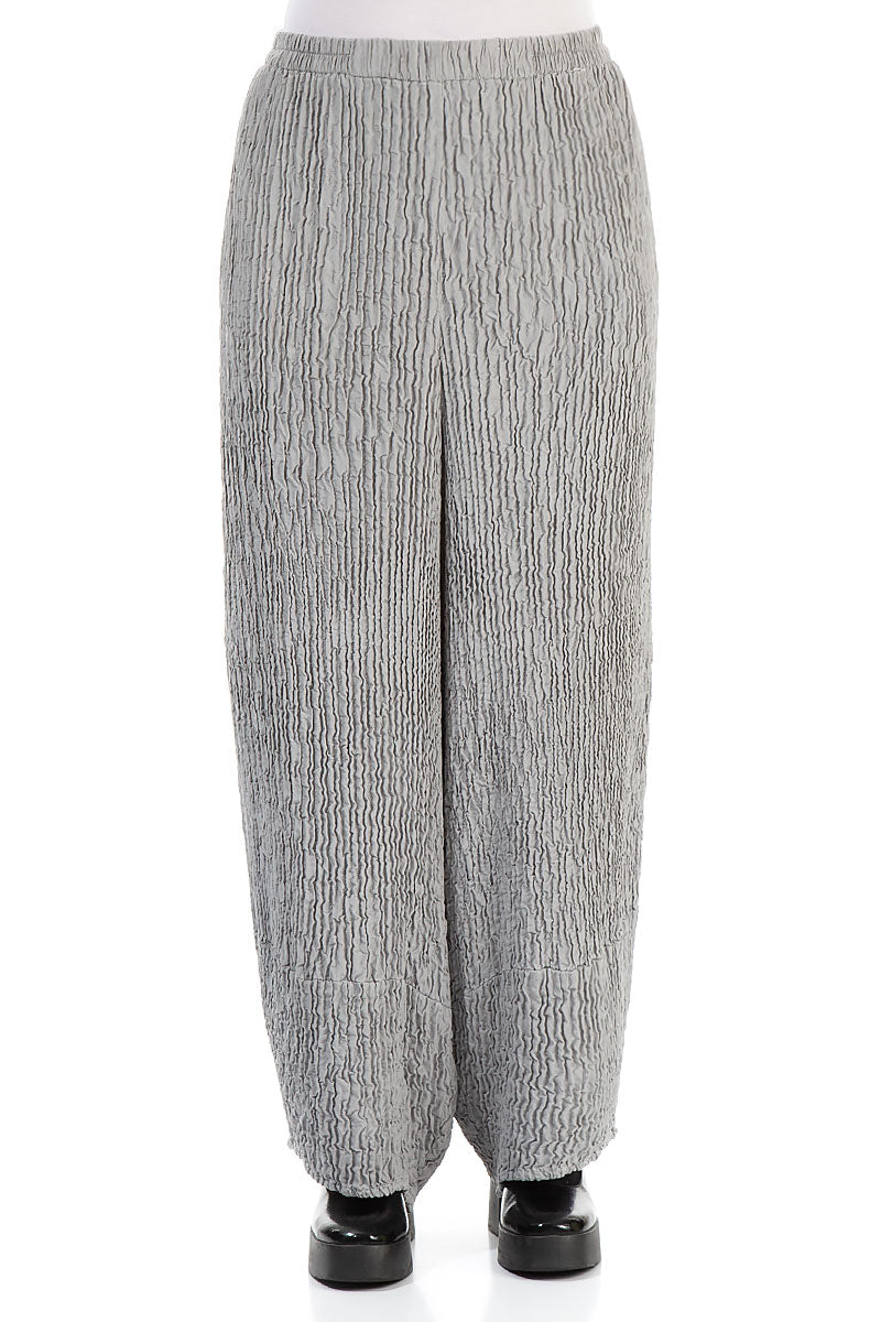 Wide Crinkled Silver Silk Trousers 1