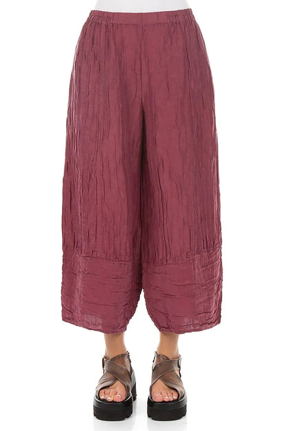 Wide Cropped Crinkled Antique Ruby Silk Linen Trousers