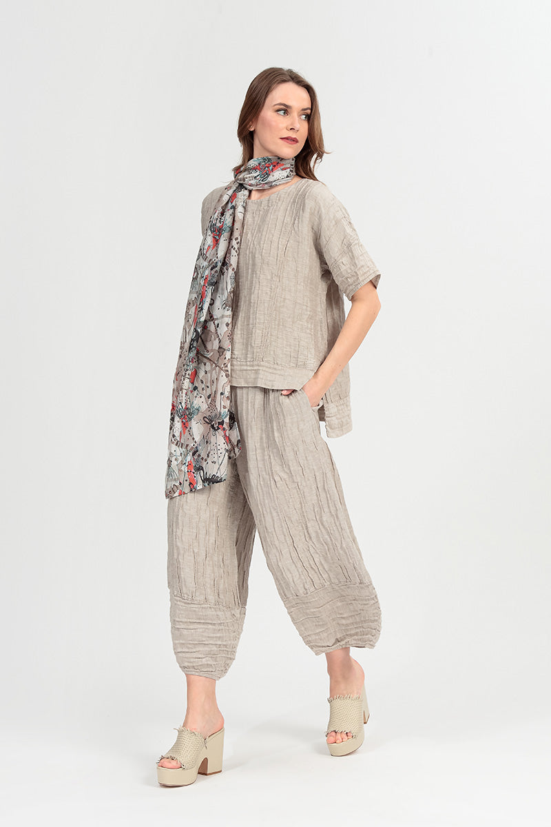 Wide Cropped Crinkled Beige Silk Linen Trousers 6