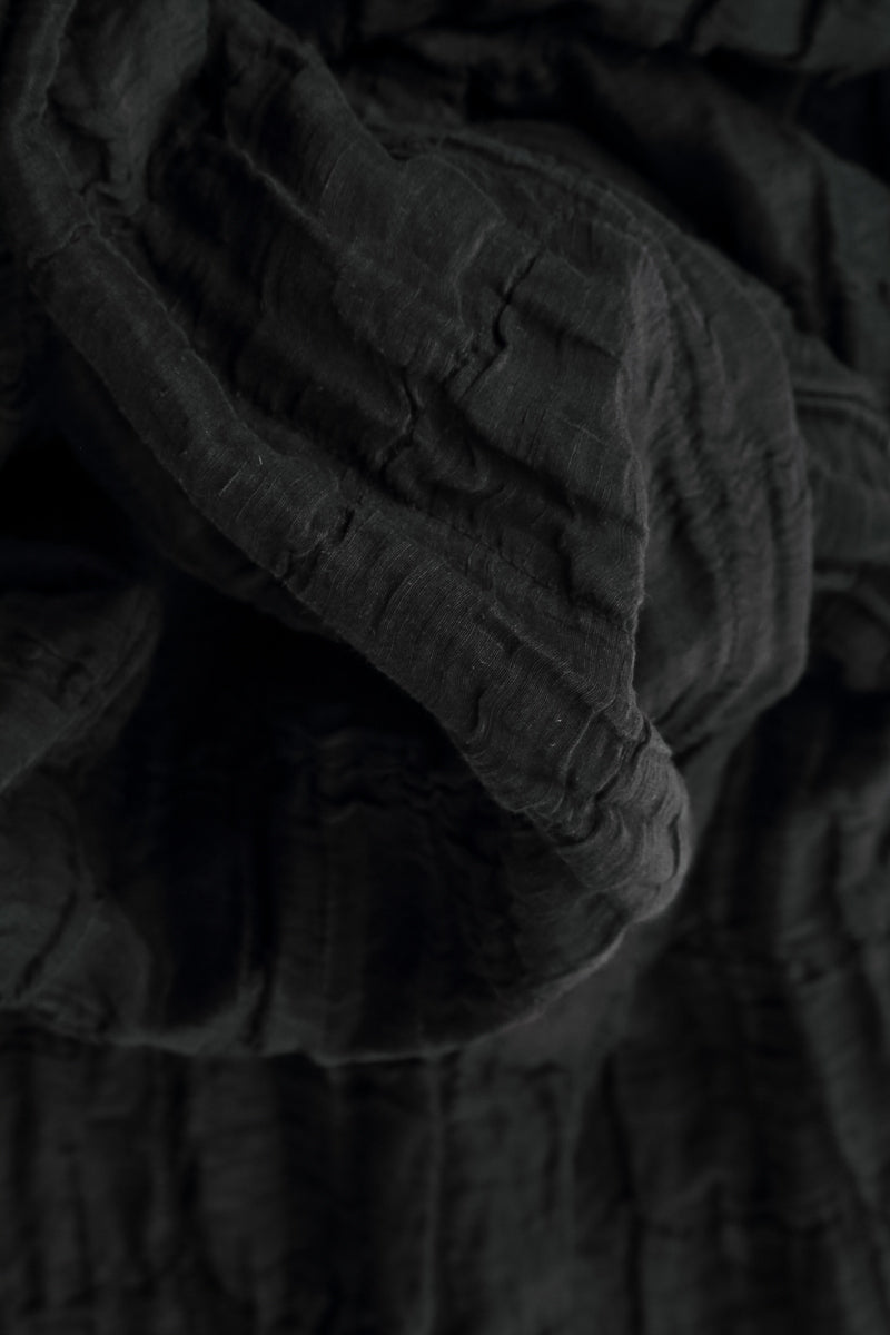 Wide Cropped Crinkled Black Silk Linen Trousers