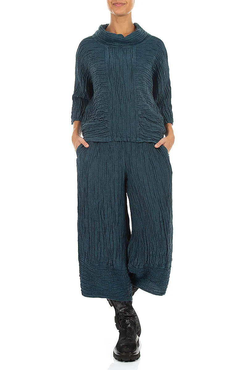 Wide Cropped Crinkled Deep Turquoise Silk Linen Trousers 4