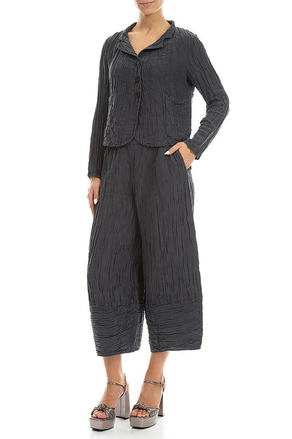 Wide Cropped Crinkled Graphite Silk Linen Trousers 4