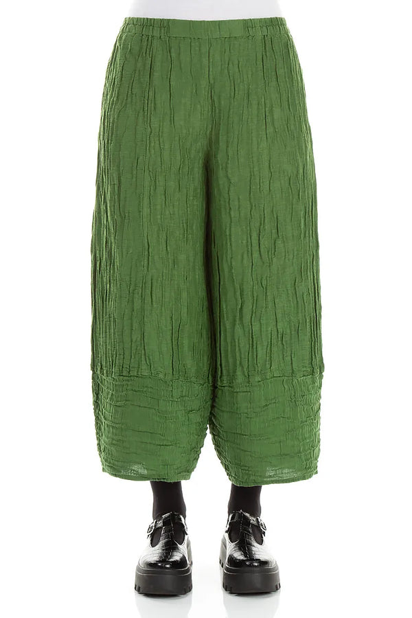Wide Cropped Crinkled Shamrock Green Silk Linen Trousers