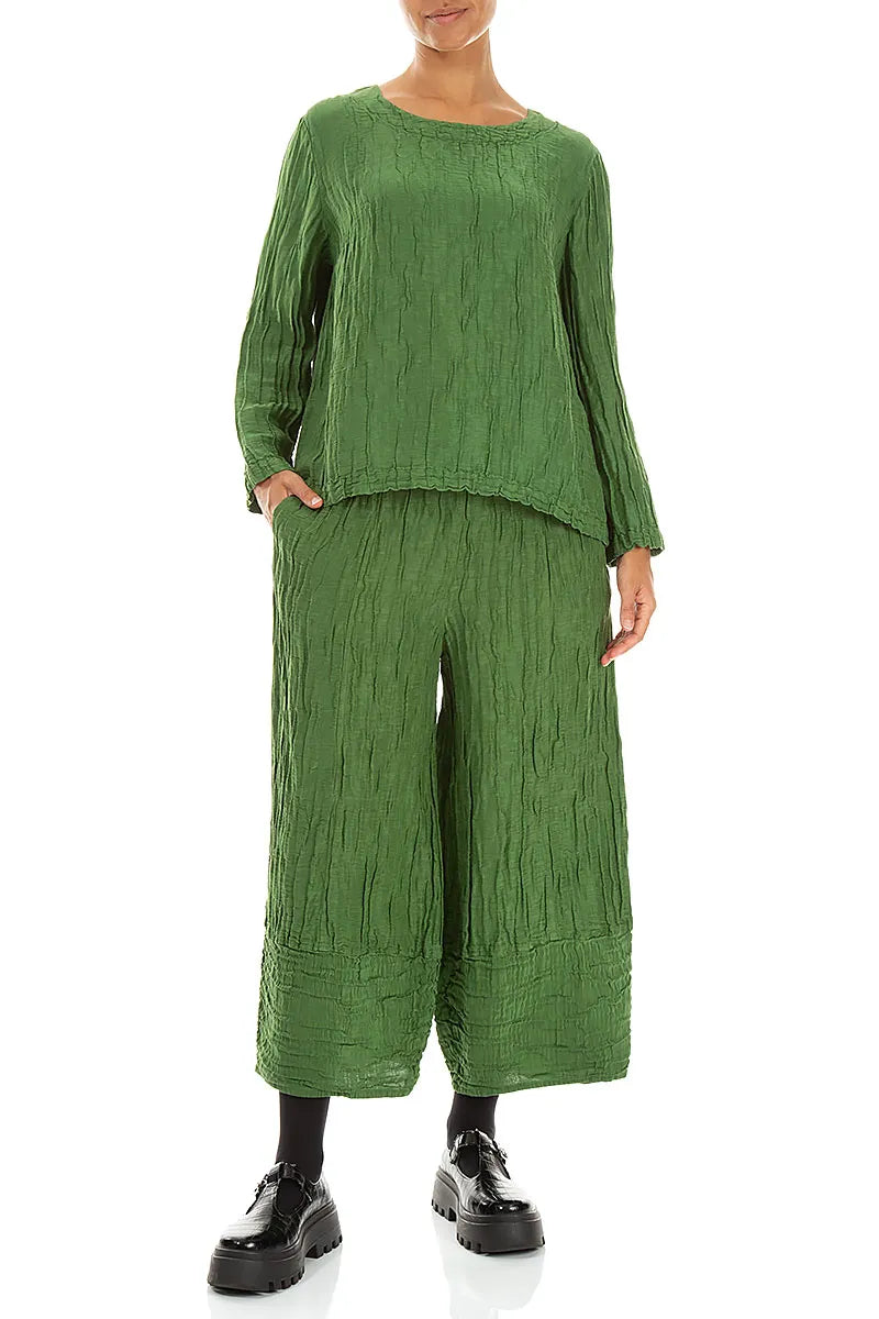 Wide Cropped Crinkled Shamrock Green Silk Linen Trousers 4