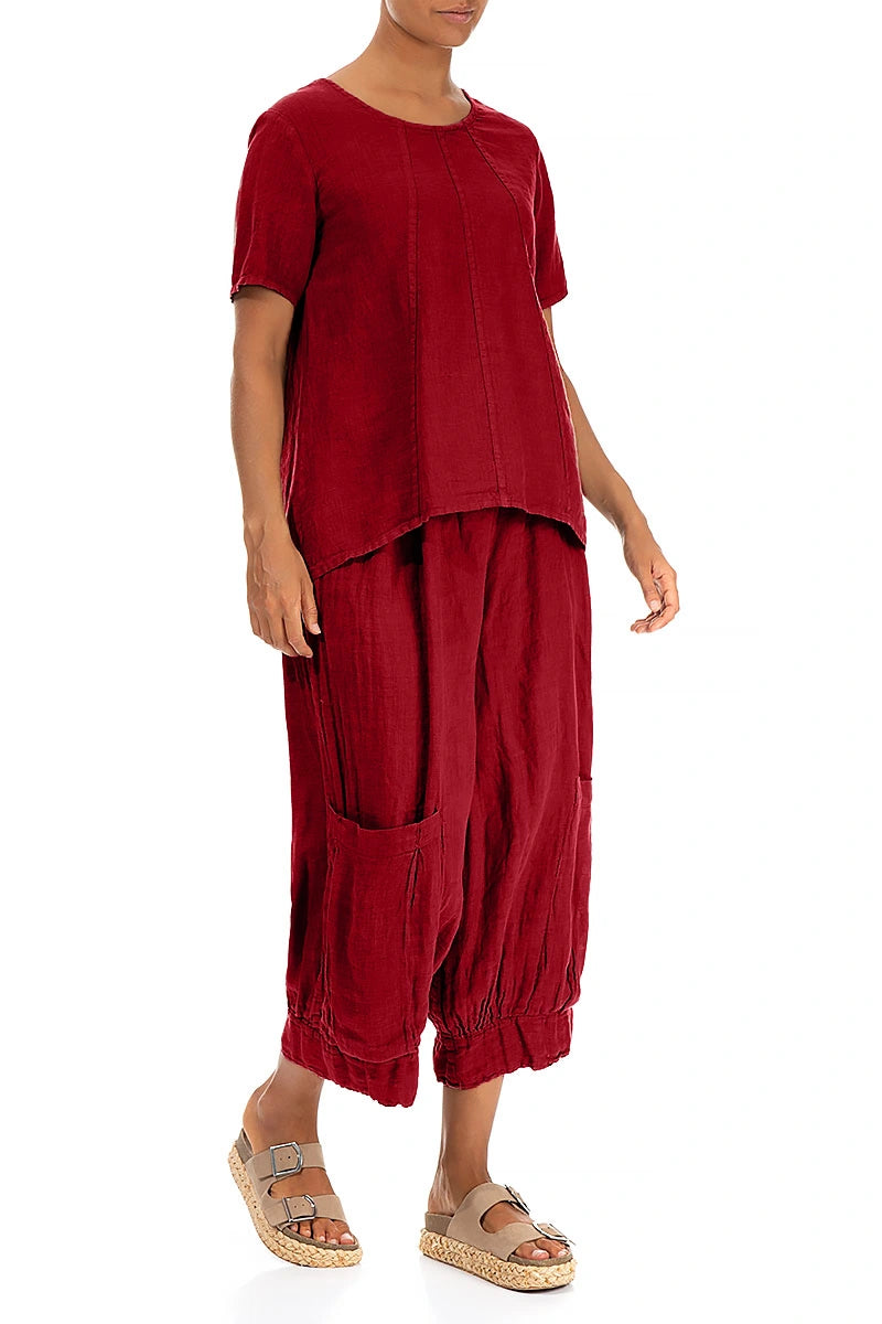 Wide Cropped Red Gauze Linen Trousers 4