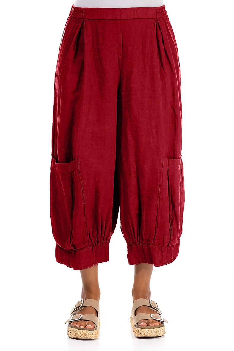 Wide Cropped Red Gauze Linen Trousers 1