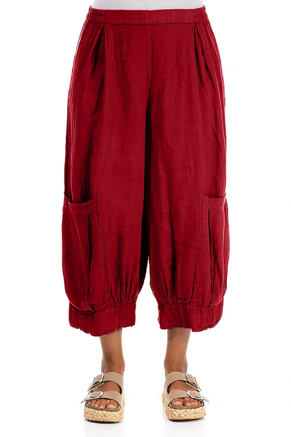 Wide Cropped Red Gauze Linen Trousers 1