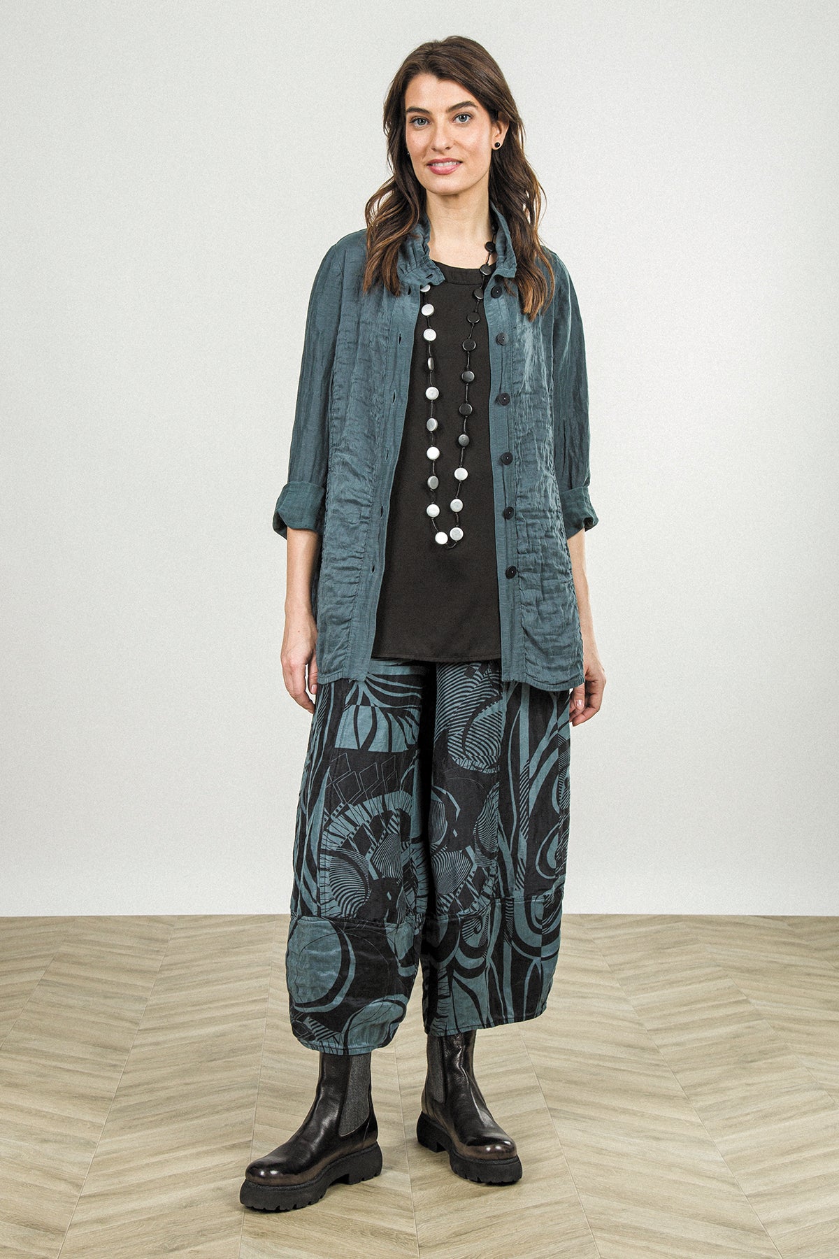 Pantalon large court texturé gris ardoise Orbit en soie et lin
