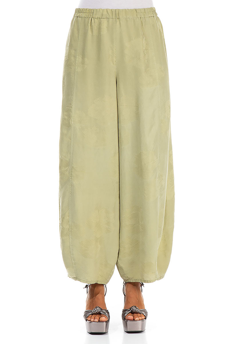 Wide Flower Pattern Sage Yellow Silk Trousers 1