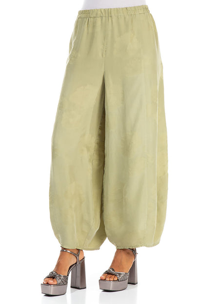 Wide Flower Pattern Sage Yellow Silk Trousers 3