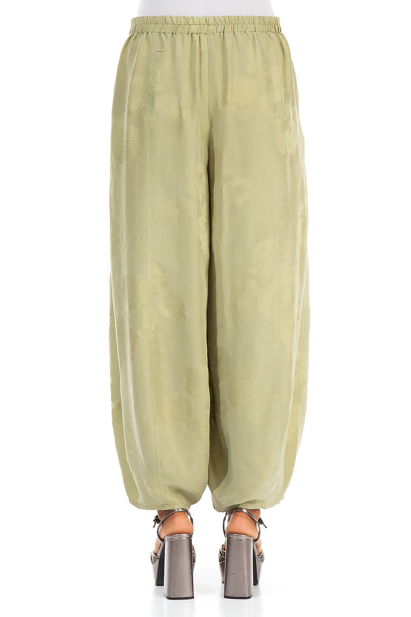 Wide Flower Pattern Sage Yellow Silk Trousers 2