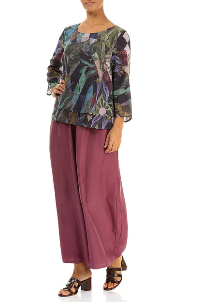 Wide Flowy Antique Ruby Pure Silk Trousers