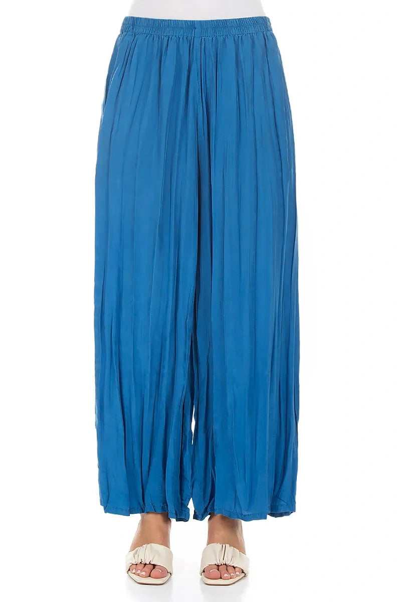 Wide Flowy Cobalt Blue Crumpled Pure Silk Trousers