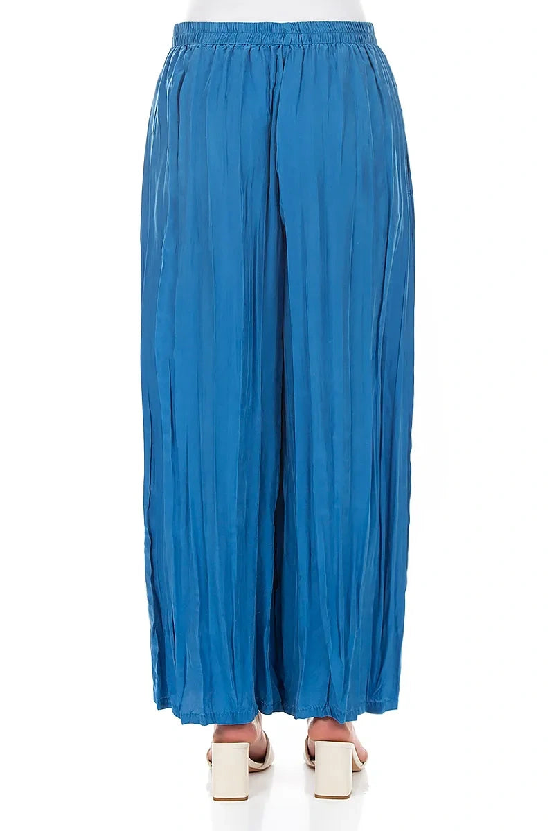 Wide Flowy Cobalt Blue Crumpled Pure Silk Trousers