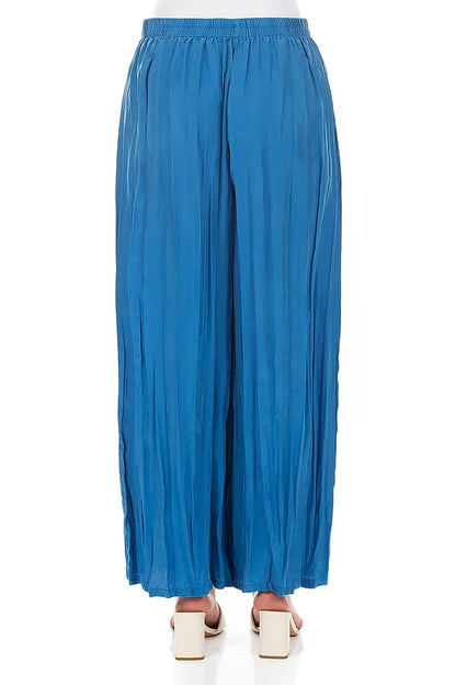 Wide Flowy Cobalt Blue Crumpled Pure Silk Trousers