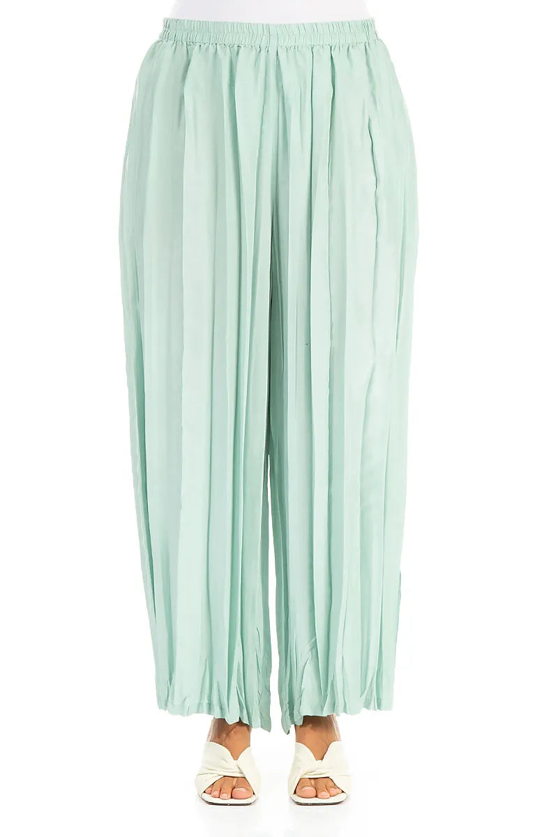 Wide Flowy Mint Crumpled Pure Silk Trousers 1
