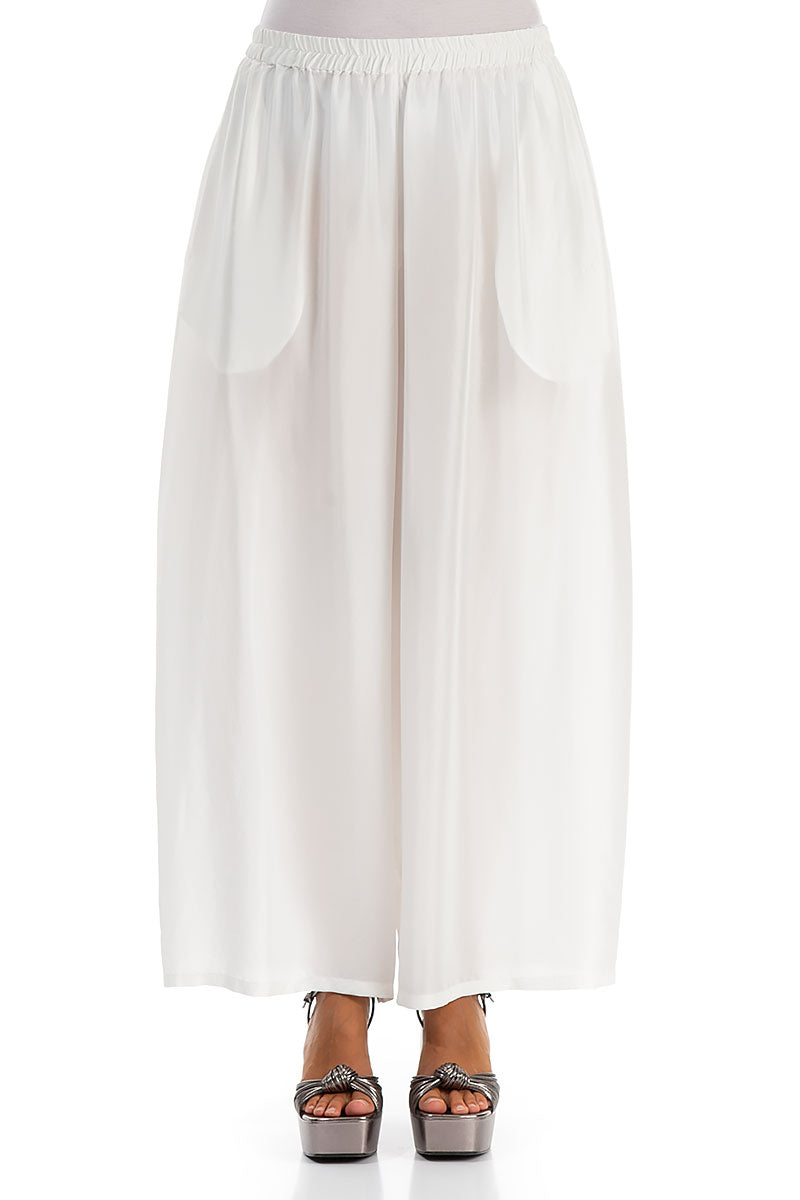 Wide Flowy White Pure Silk Trousers 1
