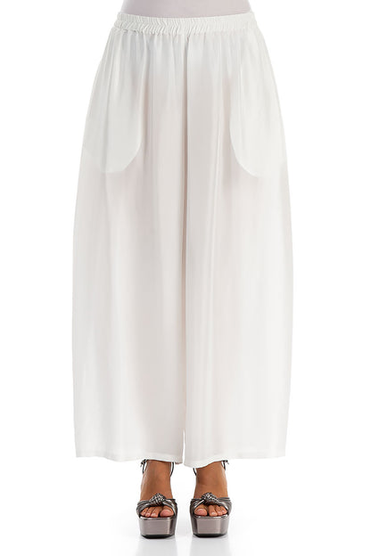 Wide Flowy White Pure Silk Trousers 1