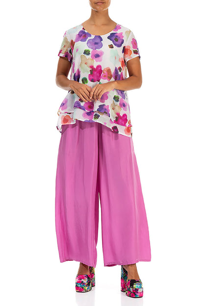 Wide Flowy Wild Berry Pure Silk Trousers 4