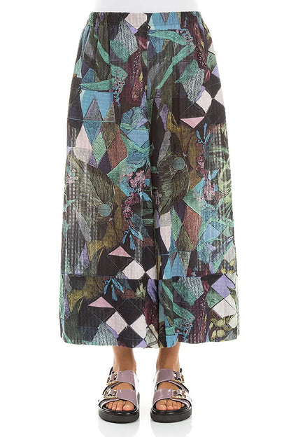 Wide Leg Cuffs Art Mosaic Textured Silk Culottes