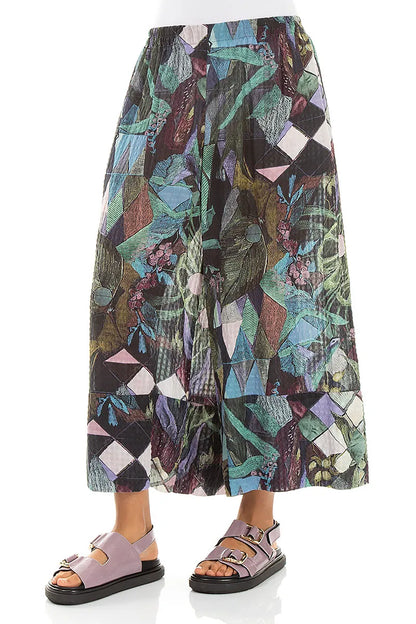 Wide Leg Cuffs Art Mosaic Textured Silk Culottes