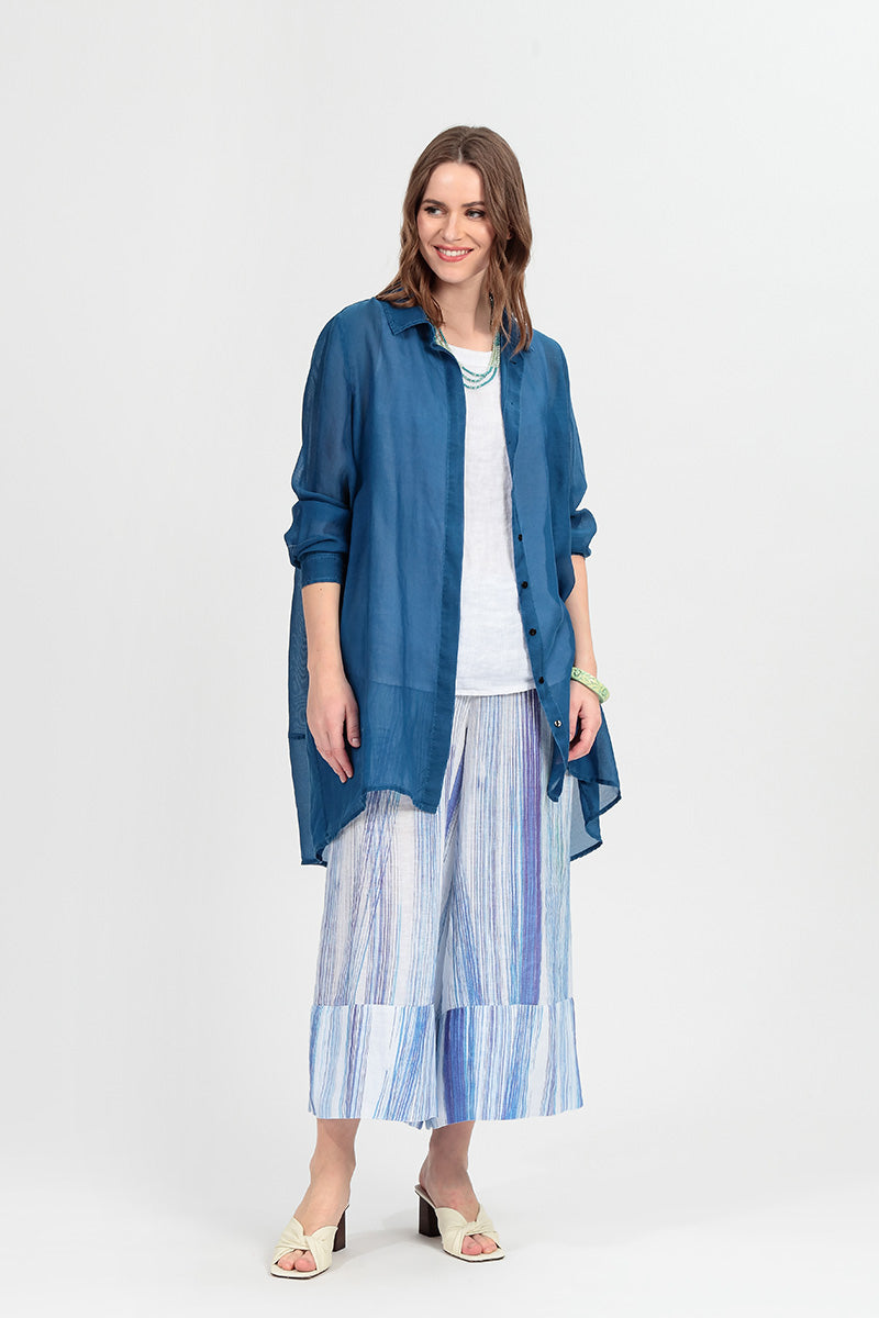 Wide Leg Cuffs Blue Wash Stripe Linen Culottes