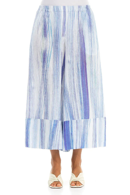 Wide Leg Cuffs Blue Wash Stripe Linen Culottes