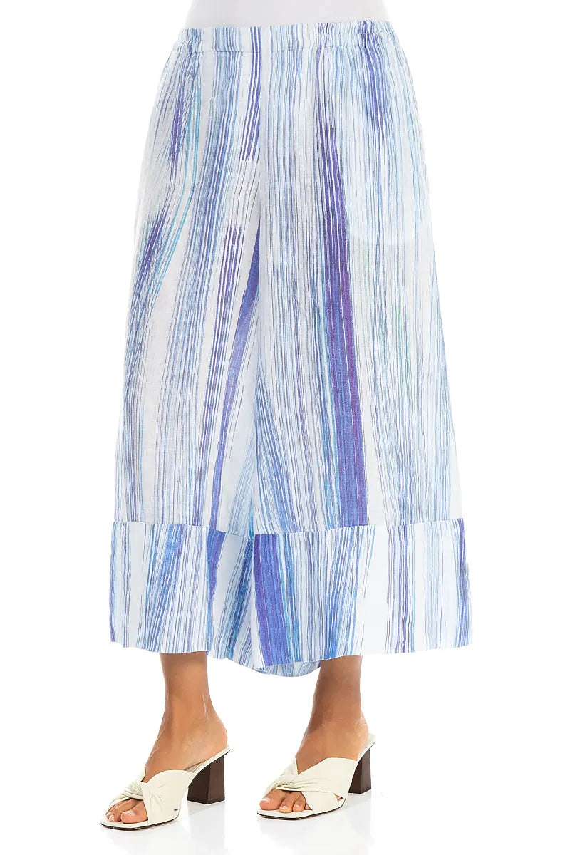 Wide Leg Cuffs Blue Wash Stripe Linen Culottes