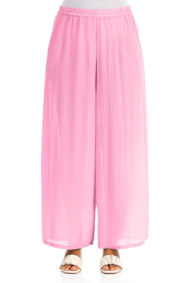 Wide Leg Taffy Pink Stripy Silk Viscose Trousers 1