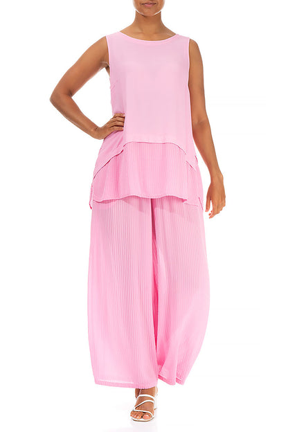 Wide Leg Taffy Pink Stripy Silk Viscose Trousers 4
